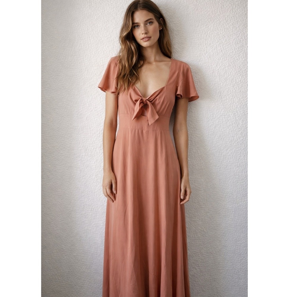 Lovers + Friends Tie Front Maxi Dress Womens XS Flutter Sleeve Coquette Romantic